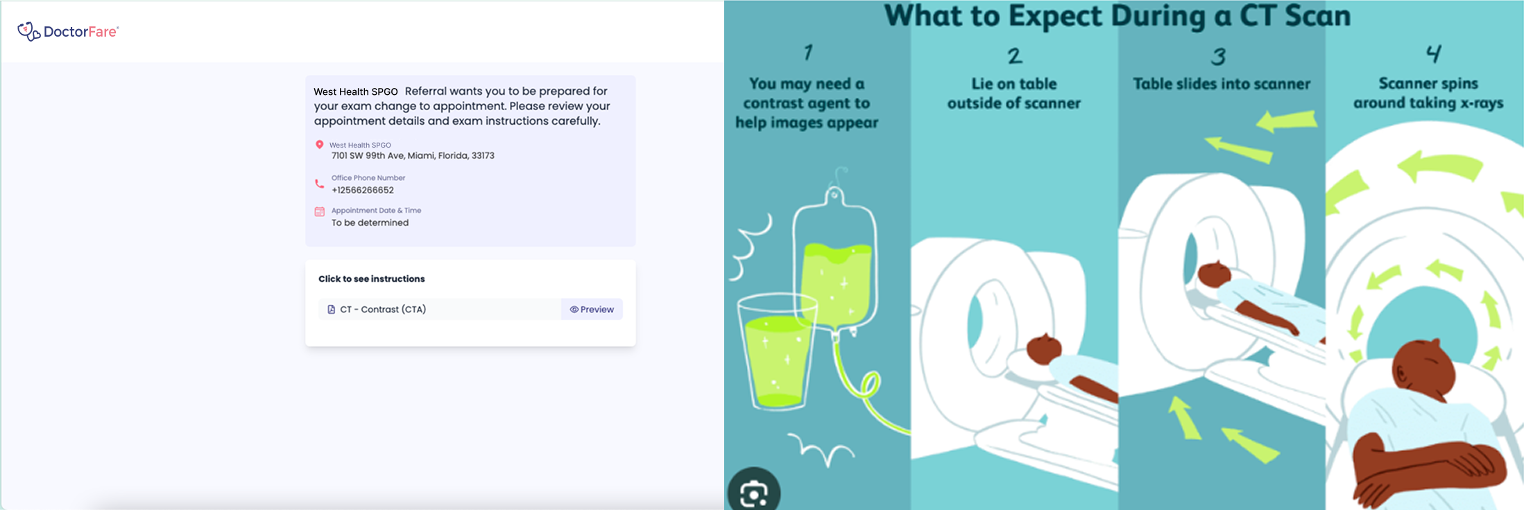 DoctorFare web portal — exam preparation instructions